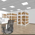 Public Office Space Interior with Company Logo Fish Tank Desks Chairs and Wooden Flooring