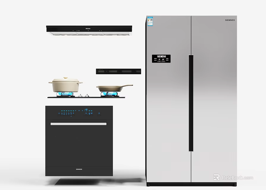 Modern Kitchen Appliances Featuring Double Door Refrigerator Stove Hood And Dishwasher 3d model 