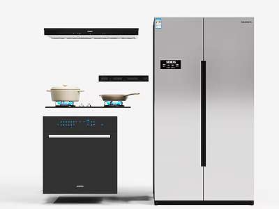 Modern Kitchen Appliances Featuring Double Door Refrigerator Stove Hood And Dishwasher 3d model