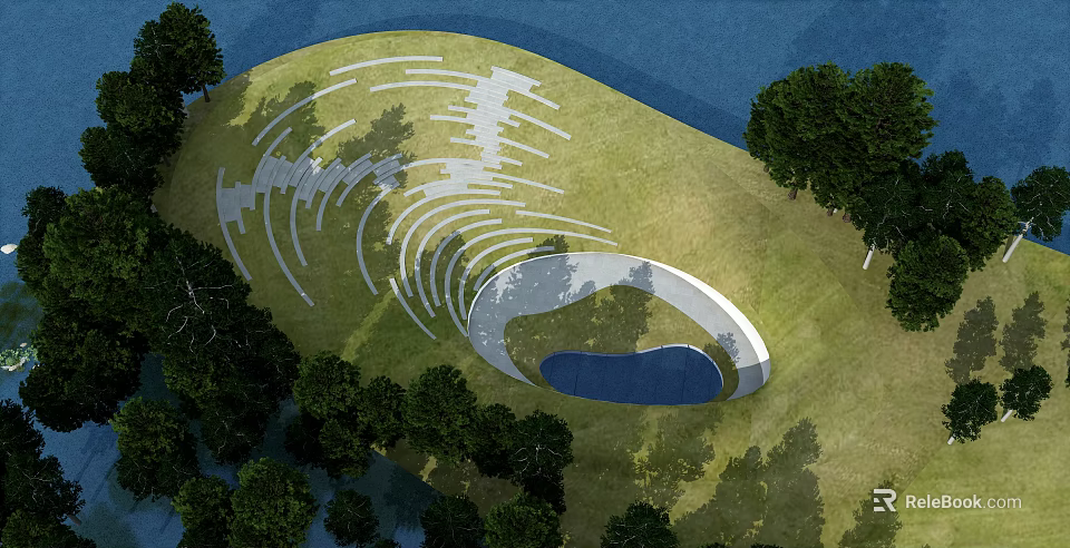 Innovative Aerial Planning Design With Spiral Pathways Green Grassland And Blue Water Feature 3d model 