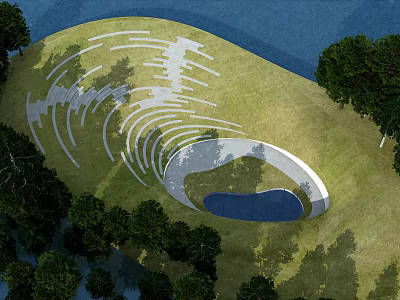 Innovative Aerial Planning Design With Spiral Pathways Green Grassland And Blue Water Feature 3d model