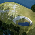 Innovative Aerial Planning Design With Spiral Pathways Green Grassland And Blue Water Feature
