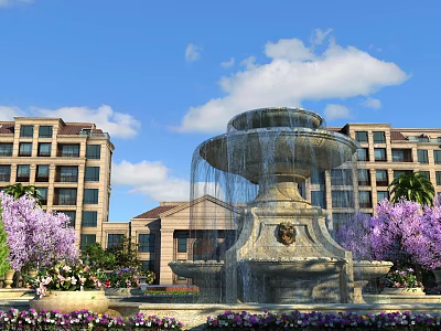 Garden Landscape with Grand Stone Fountain Purple Flower Trees Greenery and Multi Story Buildings 3d model