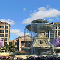 Garden Landscape with Grand Stone Fountain Purple Flower Trees Greenery and Multi Story Buildings