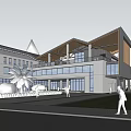 Modern Public Building With White Exterior Wooden Roof Glass Windows Green Lawn And People