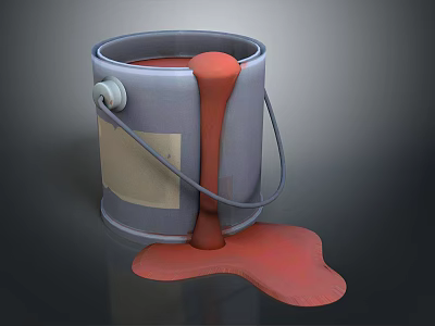 Red Paint Spilled From Metal Bucket With Label And Handle On Dark Surface 3d model