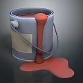 Red Paint Spilled From Metal Bucket With Label And Handle On Dark Surface
