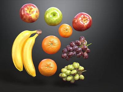 Fresh Assorted Fruits Including Red Green Apples Bananas Oranges and Grapes on Black Background 3d model