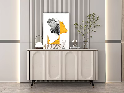 Modern White Console Cabinet Sideboard With Abstract Painting Green Plant And Decorative Items 3d model