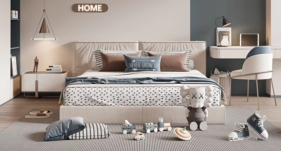 Kids Bed with Polka Dot Bedspread Decorative Pillows and Stuffed Elephant Toy Train on Rug 3d model 