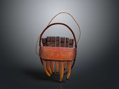 Traditional Handheld Musical Instrument With Wooden Slats Leather Trim And Pointed Base 3d model