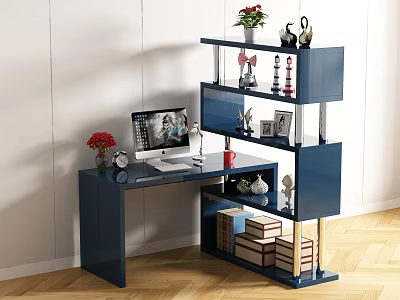 Navy Blue L Shaped Desk With Computer Monitor Decorative Items Potted Plant And Storage Shelves 3d model