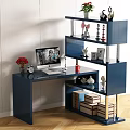 Navy Blue L Shaped Desk With Computer Monitor Decorative Items Potted Plant And Storage Shelves