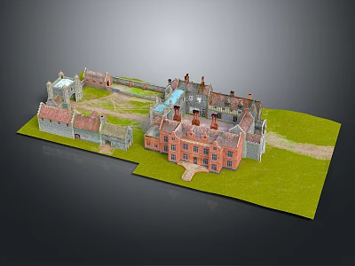 Cartoon Scenery Of Red Brick Building Model With Courtyard And Green Grass 3d model