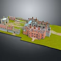 Cartoon Scenery Of Red Brick Building Model With Courtyard And Green Grass