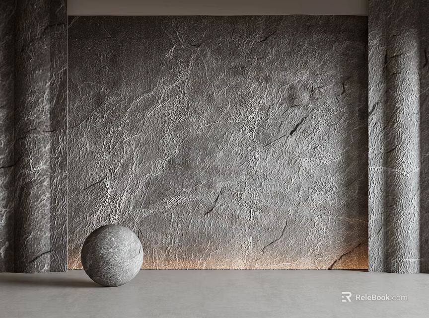Gray Textured Stone Wall with Round Decorative Sphere and Bottom Lighting 3d model 