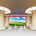 Artistic Library Interior With Wooden Ceiling Large Screen And Cushioned Reading Area 3d model