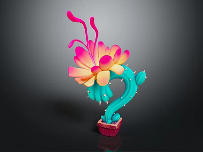 Cartoon Cactus Character With Colorful Pink Yellow Flowers And Green Stem In Red Pot 3d model