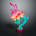 Cartoon Cactus Character With Colorful Pink Yellow Flowers And Green Stem In Red Pot