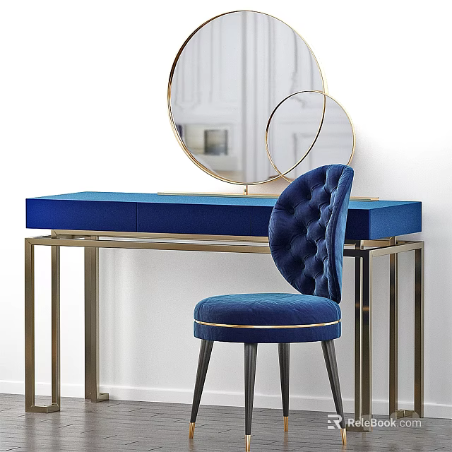 Blue Velvet Dressing Table With Gold Metal Frame And Tufted Chair Double Round Mirrors 3d model 