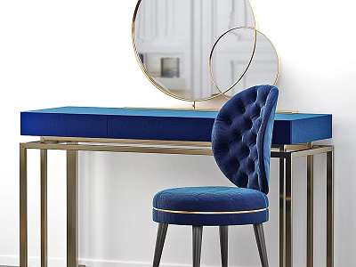 Blue Velvet Dressing Table With Gold Metal Frame And Tufted Chair Double Round Mirrors 3d model