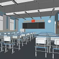 School Classroom Interior With Blue Walls Desks Chairs Blackboard National Flag And Clock