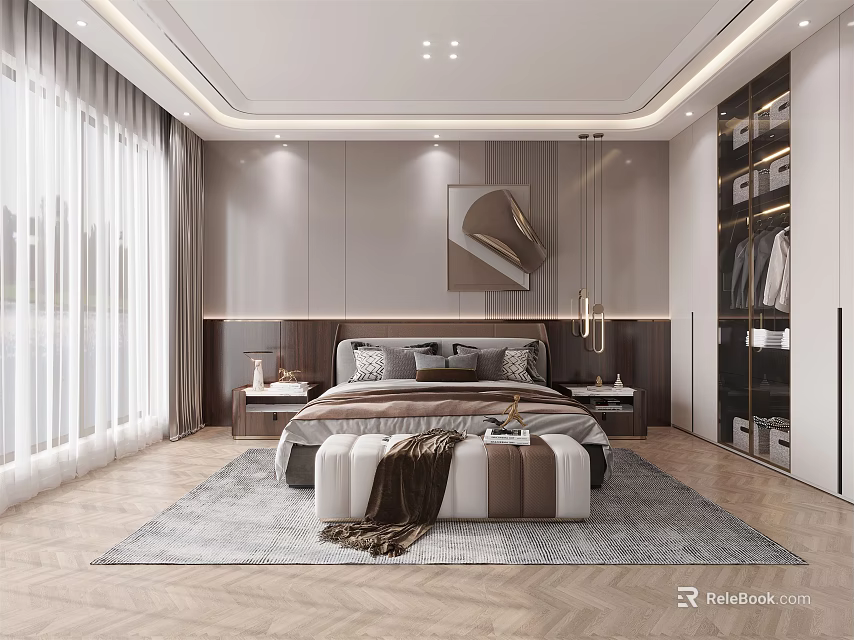 Modern Bedroom Interior Design With Comfortable Bed Nightstands Soft Rug And Decorative Painting 3d model 
