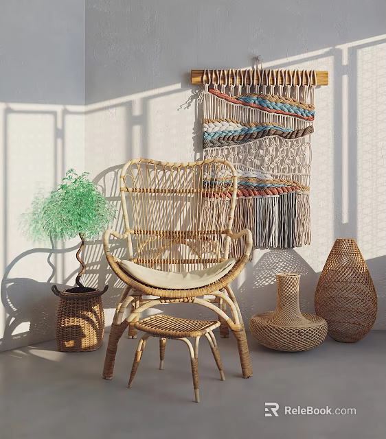 Stylish Wicker Leisure Chair In Cozy Corner With Macramé Wall Hanging And Potted Plant 3d model 