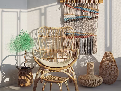 Stylish Wicker Leisure Chair In Cozy Corner With Macramé Wall Hanging And Potted Plant 3d model