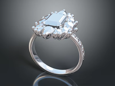 Elegant Platinum Diamond Ring With Square Center Stone And Halo Setting Design 3d model