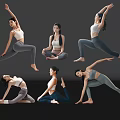 Women Performing Various Yoga Poses In Sportswear Against Dark Reflective Background