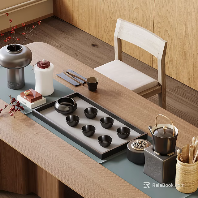 Elegant Tea Set With Black Teacups Teapot And Tray On Wooden Tabletop 3d model 