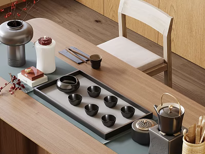 Elegant Tea Set With Black Teacups Teapot And Tray On Wooden Tabletop 3d model