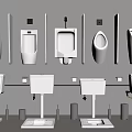 Urinal Display With Various Types Arranged On White Wall And Washbasins 3d model