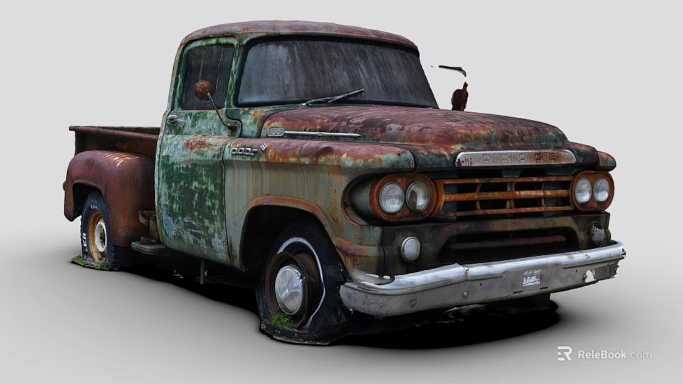 Rusted Vintage Truck With Green Red Patina And Classic Front Grille Design 3d model 