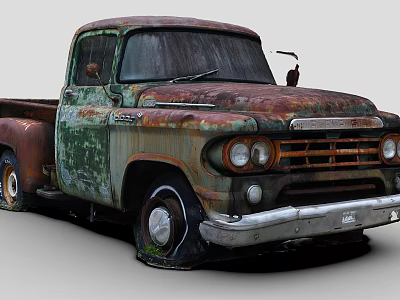 Rusted Vintage Truck With Green Red Patina And Classic Front Grille Design 3d model