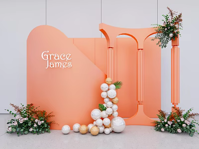 Stylish Photo Spot With Orange Backdrop Grace James Lettering Arch Design Flower And Ball Decorations 3d model