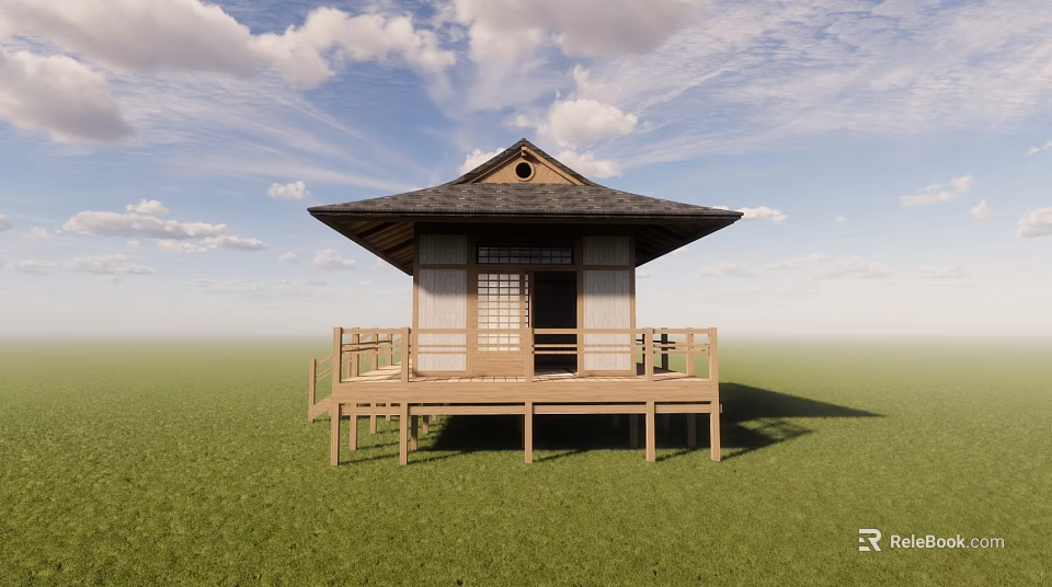 Traditional Wooden House With Wooden Deck On Green Grass Field Under Blue Sky 3d model 