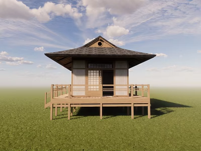 Traditional Wooden House With Wooden Deck On Green Grass Field Under Blue Sky 3d model