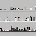 Elegant Decorative Ornament Collection On White Shelves With Perfume Bottles And Sculptures