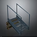Blue Metal Stairs With Handrail Grated Steps And Brown Pipes Structure