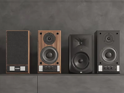 Stylish Home Audio Speakers With Various Wooden And Black Designs For Room 3d model