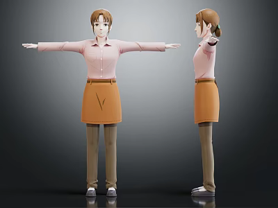 3D Character 3D Model Front And Side View With Pink Shirt Orange Apron Arms Extended 3d model