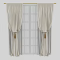 Beige Striped Curtains With Tassel Tiebacks And White Sheer For Grid Window