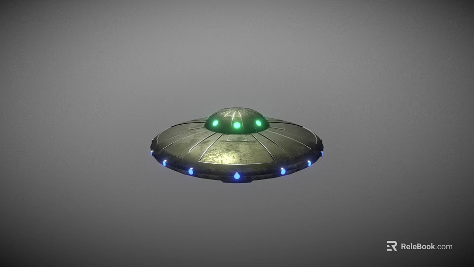 Disc Shaped Metallic UFO With Green Top Lights And Blue Base Lights 3d model 