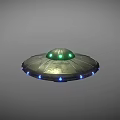 Disc Shaped Metallic UFO With Green Top Lights And Blue Base Lights