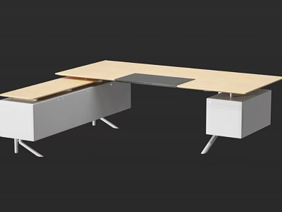 Modern Office Desk With Wooden Desktop Metal Frame And Storage Drawers 3d model