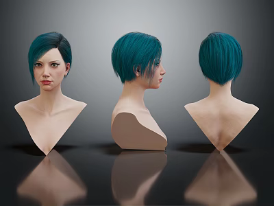 Model With Teal Short Hair Three Angles Front Side Back Head 3d model