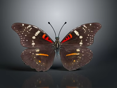 Dark Winged Butterfly With White Spots Red And Orange Stripes On Gray Background 3d model