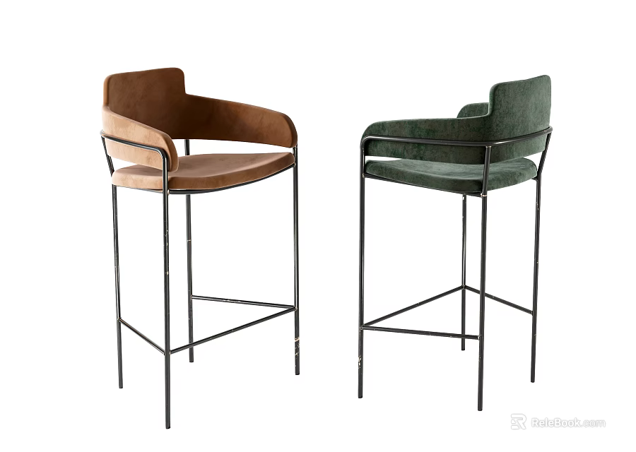 Modern Brown And Green Velvet Bar Stools With Black Metal Frame 3d model 